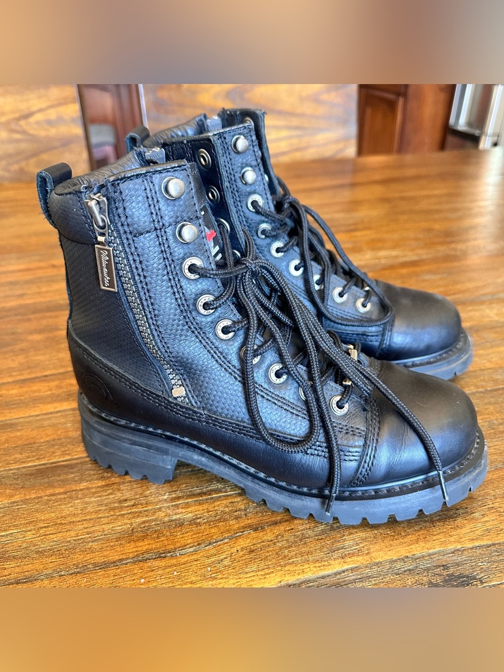 Milwaukee Women’s Black Leather Lace-Up Combat/Motorcycle Boots with Side Zip